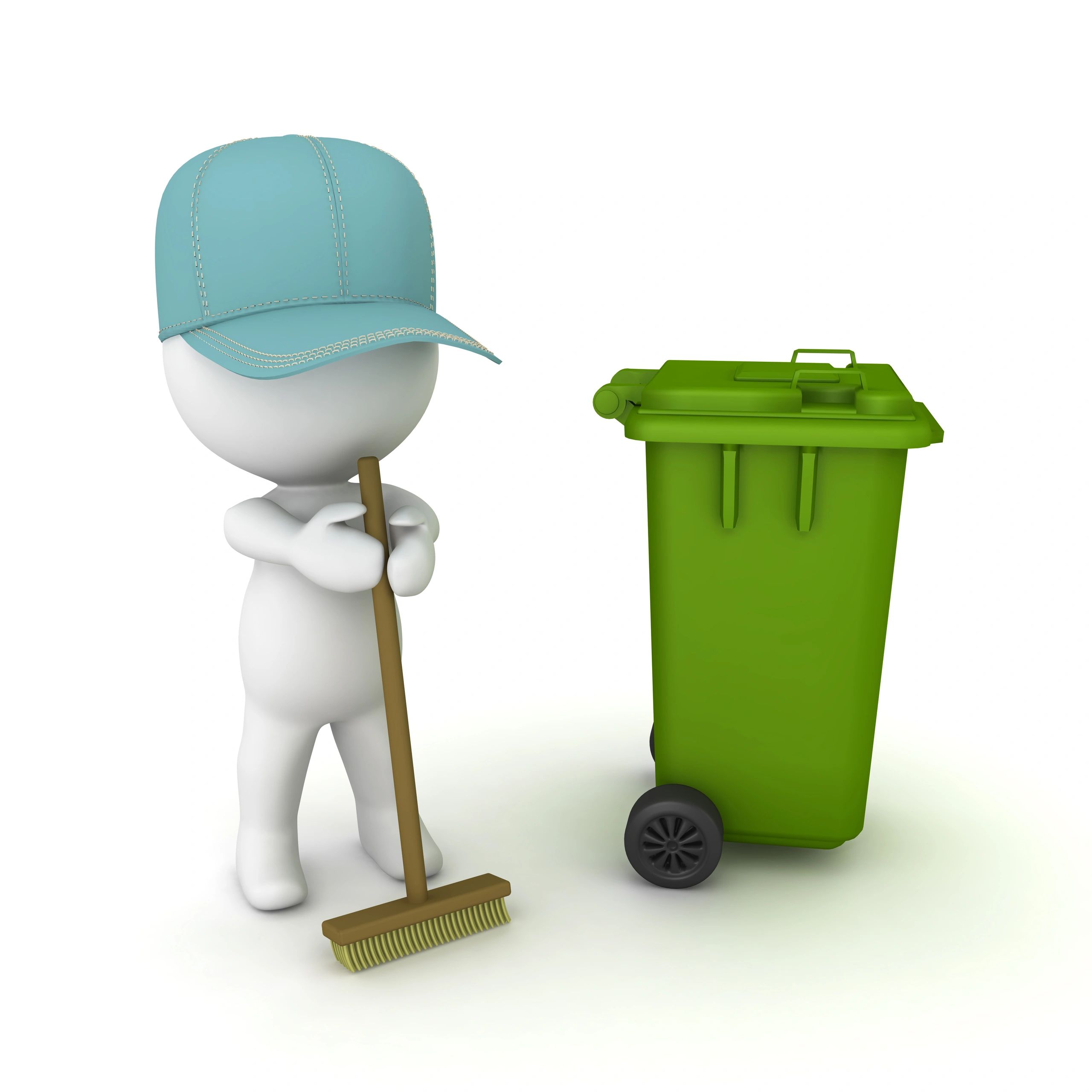 3D character with a turquoise cap holding a broom next to a green trash bin.